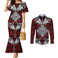 Red Aotearoa Tanilo Motif Couples Matching Mermaid Dress and Long Sleeve Button Shirt Vintage Maori New Zealand Tribal Art Pattern LT9 Red - Polynesian Pride