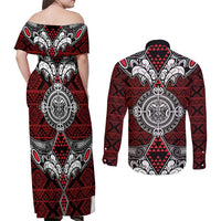 Red Aotearoa Tanilo Motif Couples Matching Off Shoulder Maxi Dress and Long Sleeve Button Shirt Vintage Maori New Zealand Tribal Art Pattern LT9 - Polynesian Pride