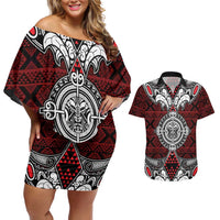 Red Aotearoa Tanilo Motif Couples Matching Off Shoulder Short Dress and Hawaiian Shirt Vintage Maori New Zealand Tribal Art Pattern LT9 Red - Polynesian Pride