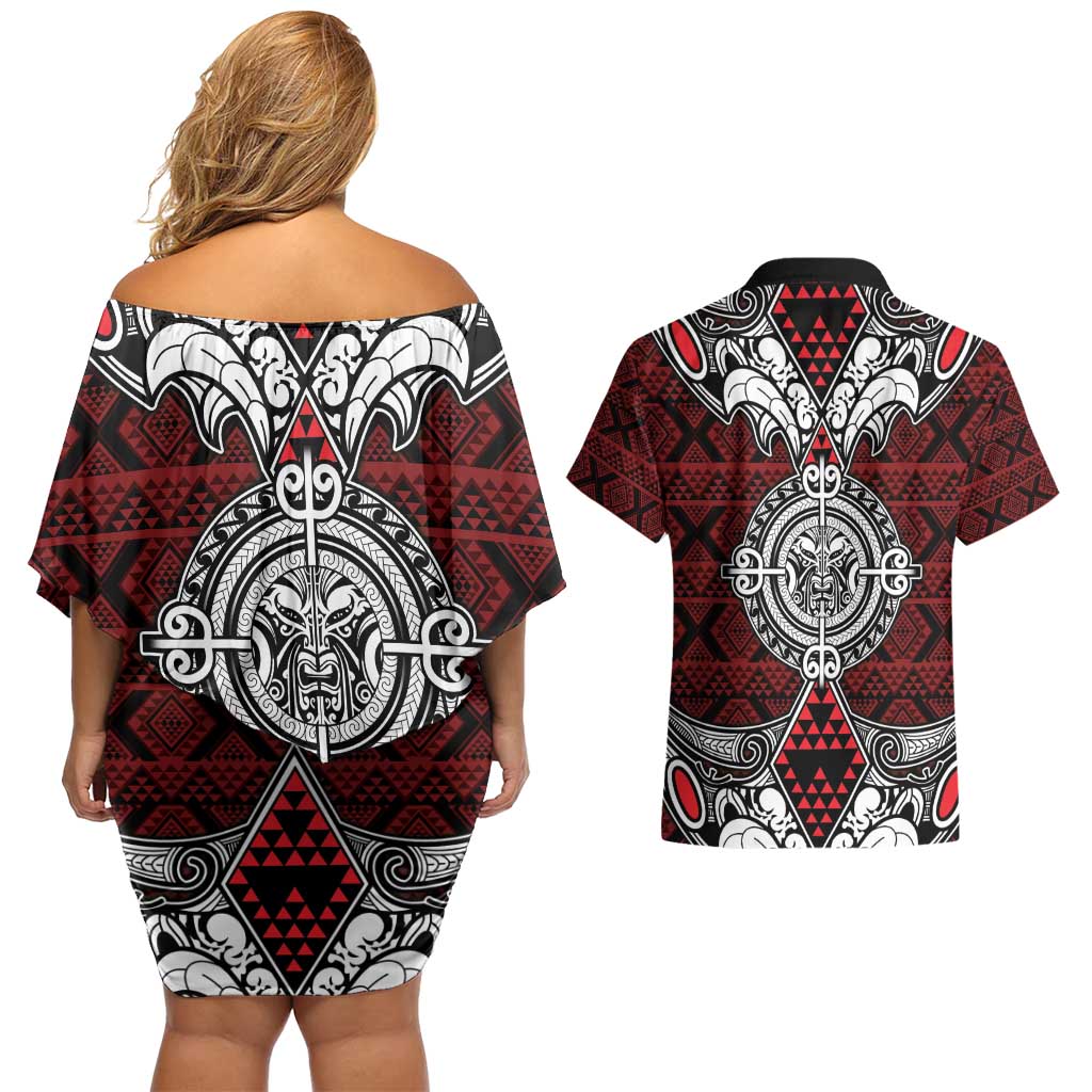 Red Aotearoa Tanilo Motif Couples Matching Off Shoulder Short Dress and Hawaiian Shirt Vintage Maori New Zealand Tribal Art Pattern LT9 - Polynesian Pride