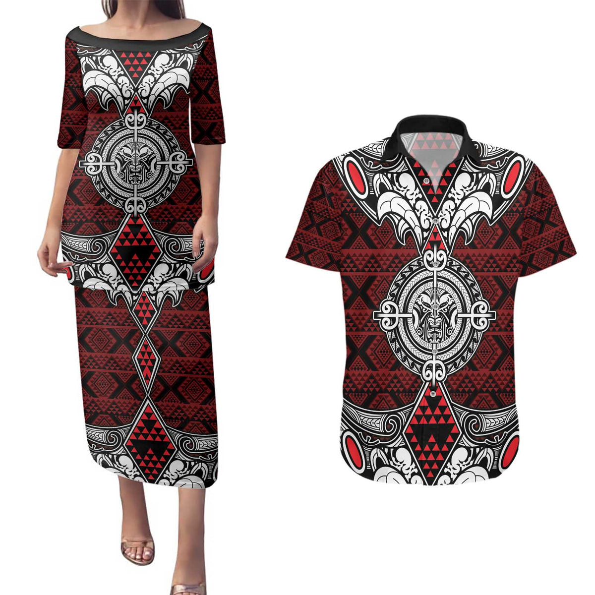 Red Aotearoa Tanilo Motif Couples Matching Puletasi and Hawaiian Shirt Vintage Maori New Zealand Tribal Art Pattern LT9 Red - Polynesian Pride