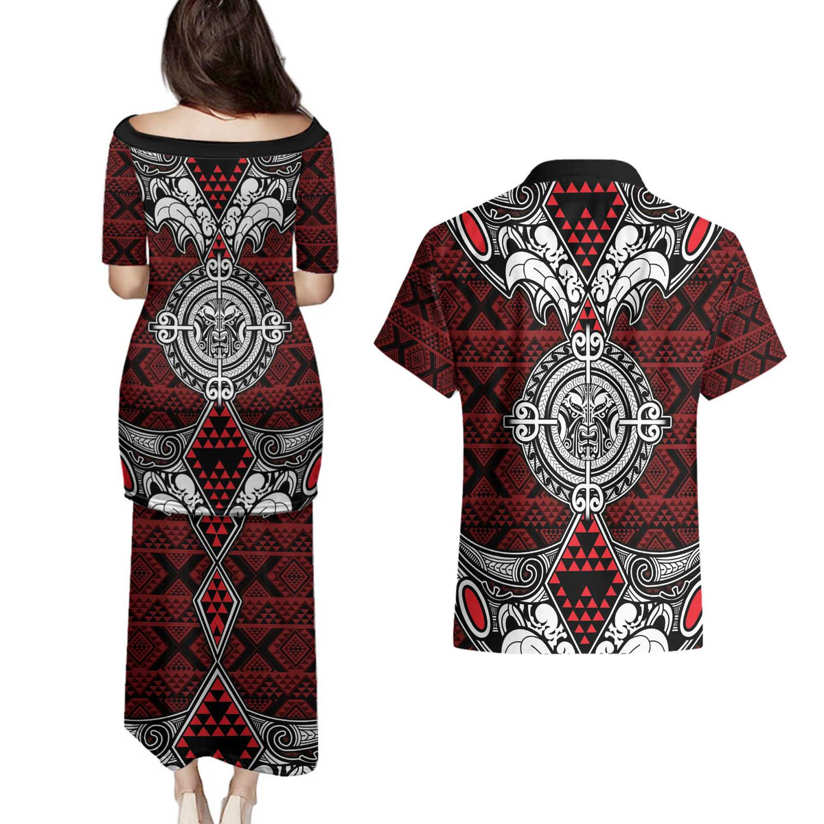 Red Aotearoa Tanilo Motif Couples Matching Puletasi and Hawaiian Shirt Vintage Maori New Zealand Tribal Art Pattern LT9 - Polynesian Pride