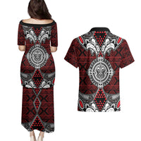 Red Aotearoa Tanilo Motif Couples Matching Puletasi and Hawaiian Shirt Vintage Maori New Zealand Tribal Art Pattern LT9 - Polynesian Pride