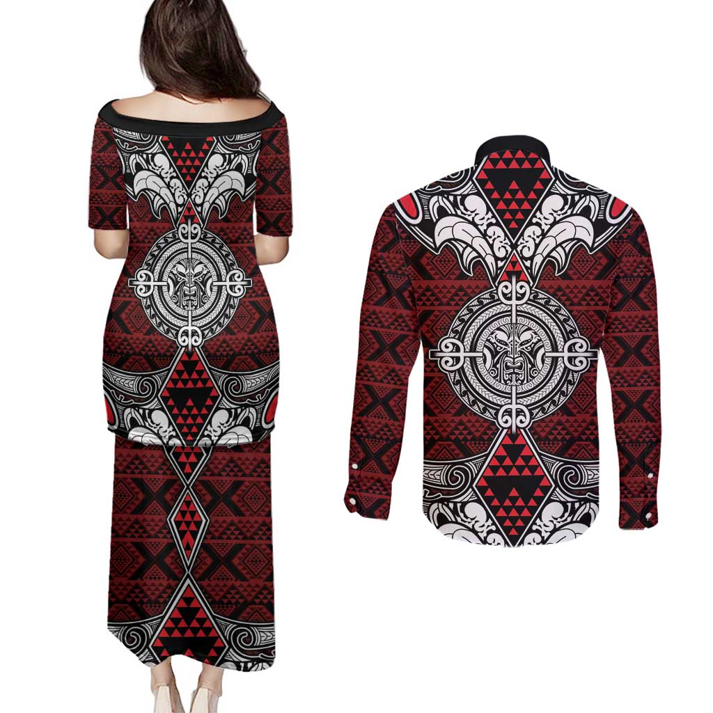 Red Aotearoa Tanilo Motif Couples Matching Puletasi and Long Sleeve Button Shirt Vintage Maori New Zealand Tribal Art Pattern LT9 - Polynesian Pride