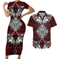 Red Aotearoa Tanilo Motif Couples Matching Short Sleeve Bodycon Dress and Hawaiian Shirt Vintage Maori New Zealand Tribal Art Pattern LT9 Red - Polynesian Pride