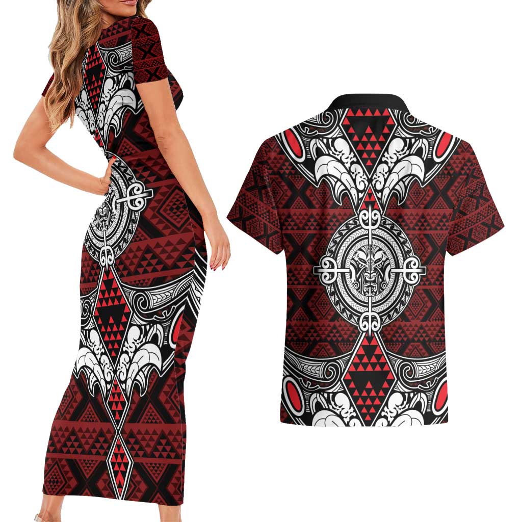 Red Aotearoa Tanilo Motif Couples Matching Short Sleeve Bodycon Dress and Hawaiian Shirt Vintage Maori New Zealand Tribal Art Pattern LT9 - Polynesian Pride