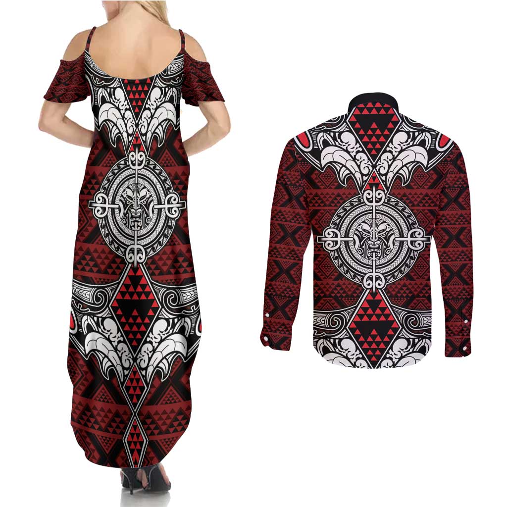 Red Aotearoa Tanilo Motif Couples Matching Summer Maxi Dress and Long Sleeve Button Shirt Vintage Maori New Zealand Tribal Art Pattern LT9 - Polynesian Pride