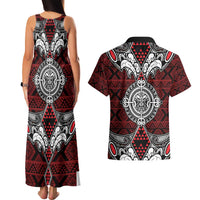 Red Aotearoa Tanilo Motif Couples Matching Tank Maxi Dress and Hawaiian Shirt Vintage Maori New Zealand Tribal Art Pattern LT9 - Polynesian Pride