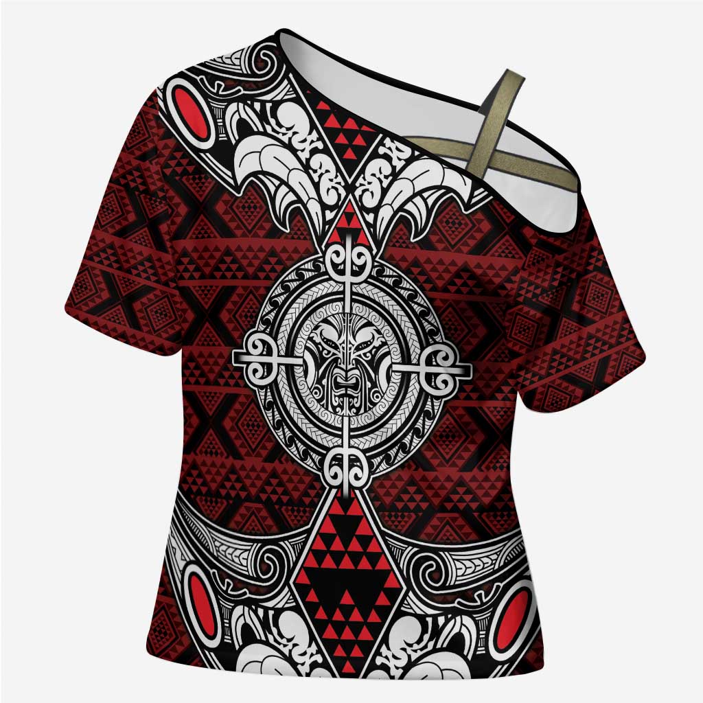 Red Aotearoa Taniko Motif Cross Shoulder Shirt Vintage Maori New Zealand Tribal Art Pattern - Polynesian Pride