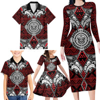 Red Aotearoa Tanilo Motif Family Matching Long Sleeve Bodycon Dress and Hawaiian Shirt Vintage Maori New Zealand Tribal Art Pattern LT9 - Polynesian Pride