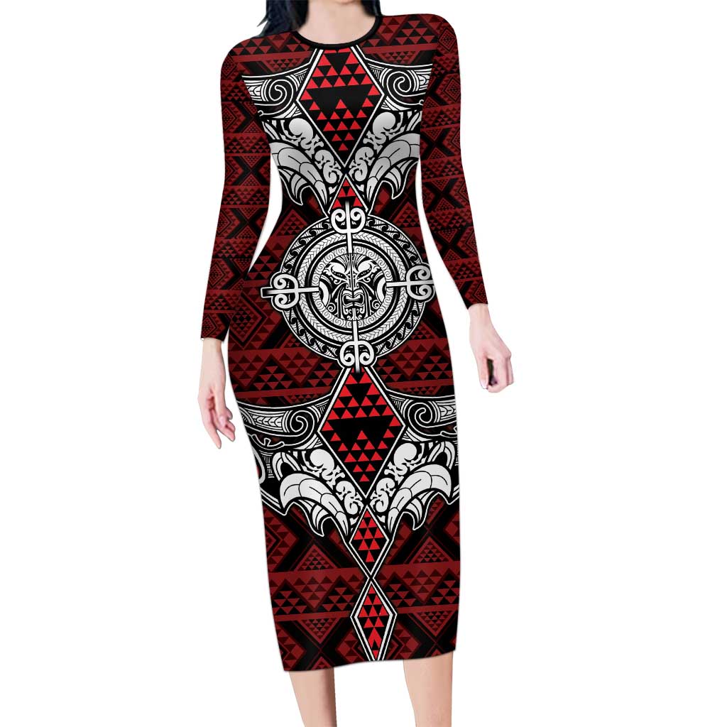 Red Aotearoa Tanilo Motif Family Matching Long Sleeve Bodycon Dress and Hawaiian Shirt Vintage Maori New Zealand Tribal Art Pattern LT9 Mom's Dress Red - Polynesian Pride