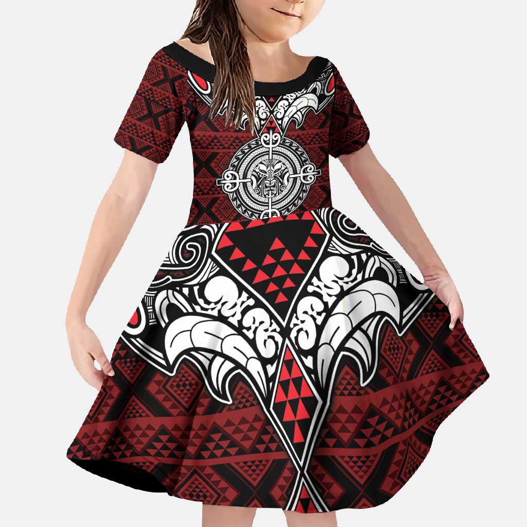 Red Aotearoa Tanilo Motif Family Matching Mermaid Dress and Hawaiian Shirt Vintage Maori New Zealand Tribal Art Pattern LT9 Daughter's Dress Red - Polynesian Pride