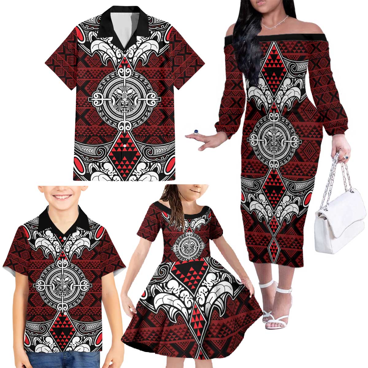 Red Aotearoa Tanilo Motif Family Matching Off The Shoulder Long Sleeve Dress and Hawaiian Shirt Vintage Maori New Zealand Tribal Art Pattern LT9 - Polynesian Pride