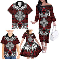 Red Aotearoa Tanilo Motif Family Matching Off The Shoulder Long Sleeve Dress and Hawaiian Shirt Vintage Maori New Zealand Tribal Art Pattern LT9 - Polynesian Pride