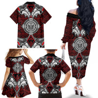 Red Aotearoa Tanilo Motif Family Matching Off The Shoulder Long Sleeve Dress and Hawaiian Shirt Vintage Maori New Zealand Tribal Art Pattern LT9 - Polynesian Pride