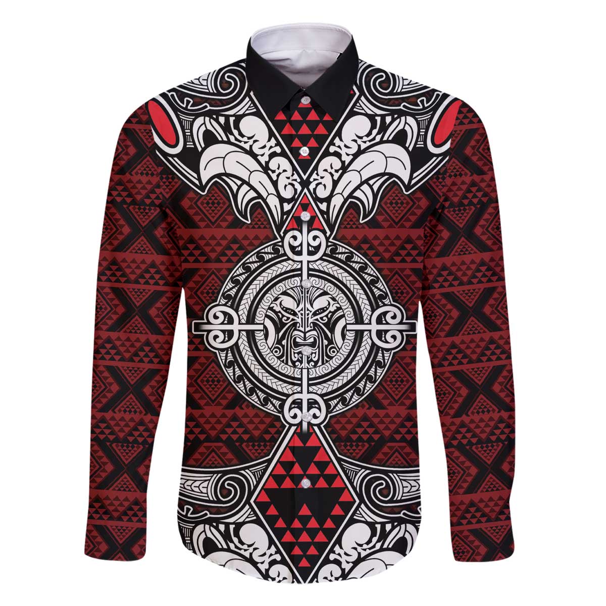 Red Aotearoa Tanilo Motif Family Matching Off The Shoulder Long Sleeve Dress and Hawaiian Shirt Vintage Maori New Zealand Tribal Art Pattern LT9 Dad's Shirt - Long Sleeve Red - Polynesian Pride