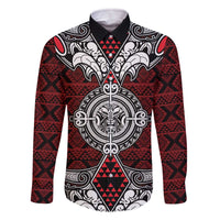 Red Aotearoa Tanilo Motif Family Matching Off The Shoulder Long Sleeve Dress and Hawaiian Shirt Vintage Maori New Zealand Tribal Art Pattern LT9 Dad's Shirt - Long Sleeve Red - Polynesian Pride