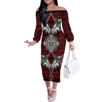 Red Aotearoa Tanilo Motif Family Matching Off The Shoulder Long Sleeve Dress and Hawaiian Shirt Vintage Maori New Zealand Tribal Art Pattern LT9 Mom's Dress Red - Polynesian Pride