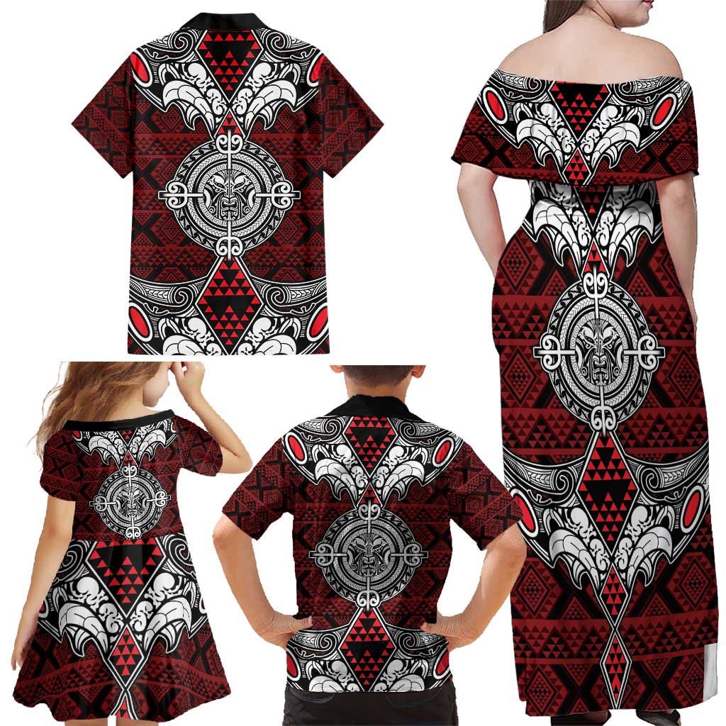 Red Aotearoa Tanilo Motif Family Matching Off Shoulder Maxi Dress and Hawaiian Shirt Vintage Maori New Zealand Tribal Art Pattern LT9 - Polynesian Pride