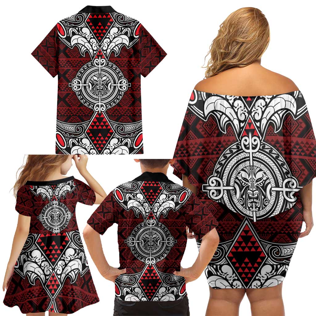 Red Aotearoa Tanilo Motif Family Matching Off Shoulder Short Dress and Hawaiian Shirt Vintage Maori New Zealand Tribal Art Pattern LT9 - Polynesian Pride
