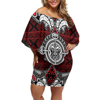 Red Aotearoa Tanilo Motif Family Matching Off Shoulder Short Dress and Hawaiian Shirt Vintage Maori New Zealand Tribal Art Pattern LT9 Mom's Dress Red - Polynesian Pride