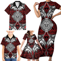 Red Aotearoa Tanilo Motif Family Matching Short Sleeve Bodycon Dress and Hawaiian Shirt Vintage Maori New Zealand Tribal Art Pattern LT9 - Polynesian Pride