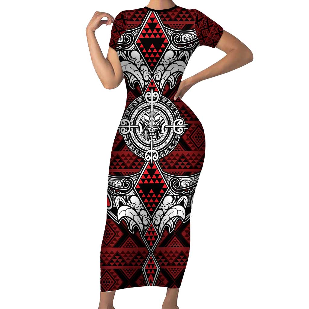 Red Aotearoa Tanilo Motif Family Matching Short Sleeve Bodycon Dress and Hawaiian Shirt Vintage Maori New Zealand Tribal Art Pattern LT9 Mom's Dress Red - Polynesian Pride
