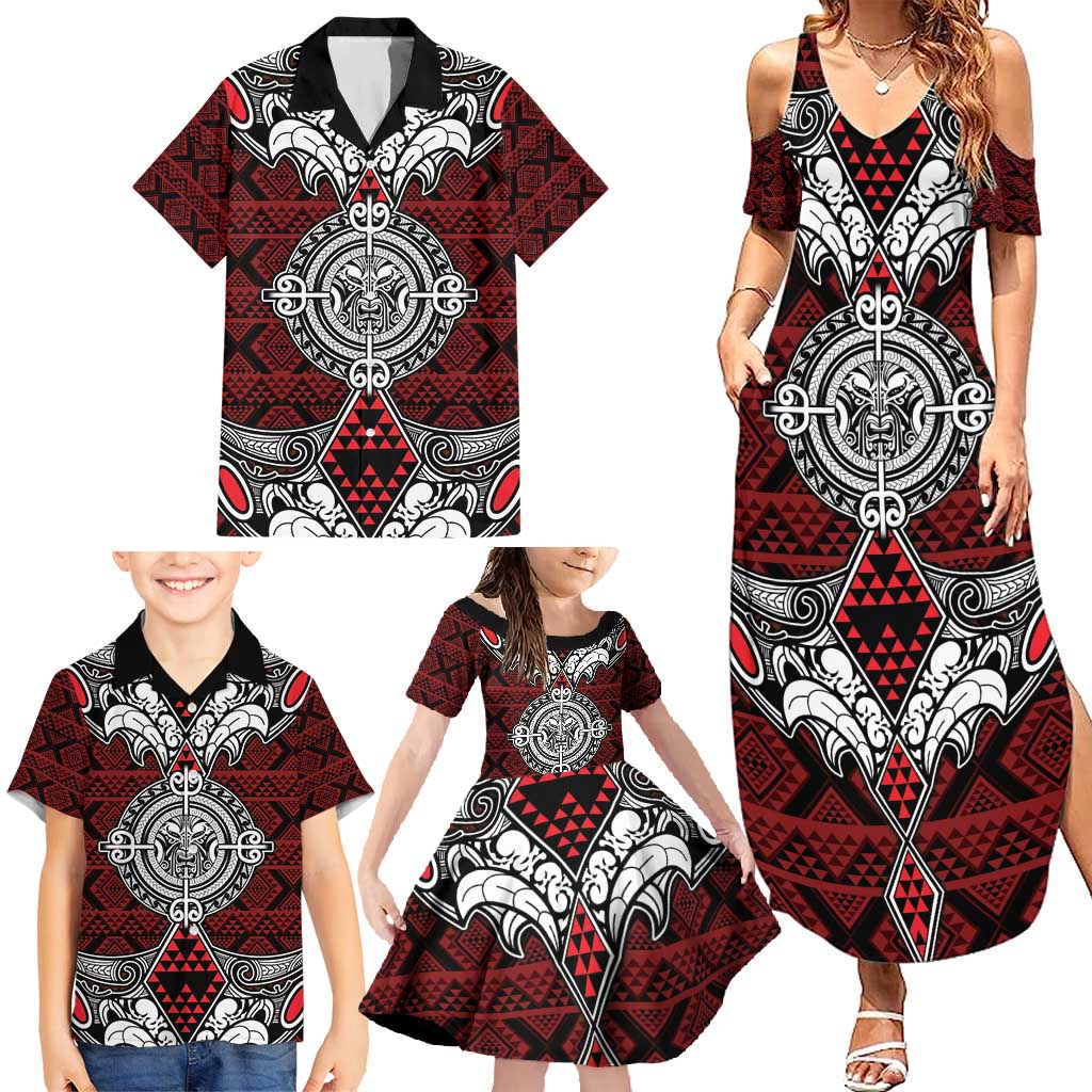Red Aotearoa Tanilo Motif Family Matching Summer Maxi Dress and Hawaiian Shirt Vintage Maori New Zealand Tribal Art Pattern LT9 - Polynesian Pride