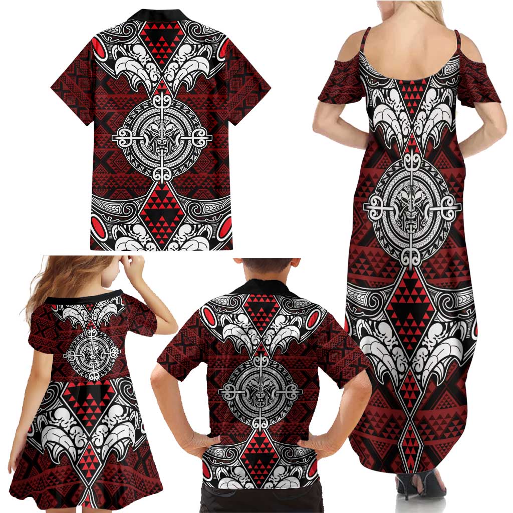 Red Aotearoa Tanilo Motif Family Matching Summer Maxi Dress and Hawaiian Shirt Vintage Maori New Zealand Tribal Art Pattern LT9 - Polynesian Pride