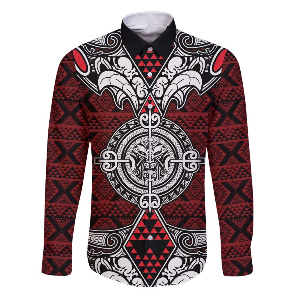 Red Aotearoa Tanilo Motif Family Matching Summer Maxi Dress and Hawaiian Shirt Vintage Maori New Zealand Tribal Art Pattern LT9 Dad's Shirt - Long Sleeve Red - Polynesian Pride
