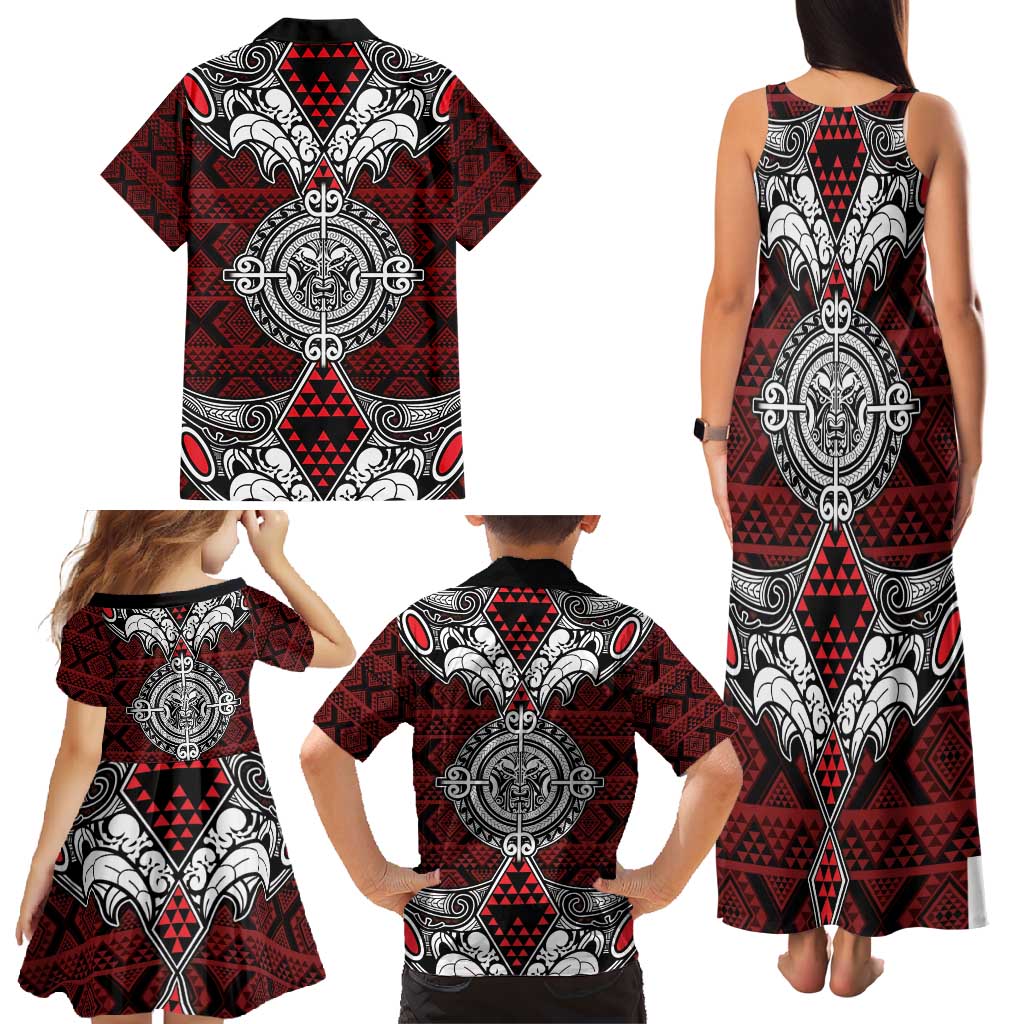 Red Aotearoa Tanilo Motif Family Matching Tank Maxi Dress and Hawaiian Shirt Vintage Maori New Zealand Tribal Art Pattern LT9 - Polynesian Pride
