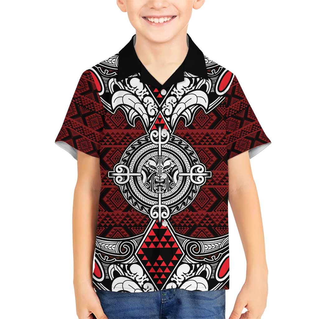 Red Aotearoa Tanilo Motif Family Matching Tank Maxi Dress and Hawaiian Shirt Vintage Maori New Zealand Tribal Art Pattern LT9 Son's Shirt Red - Polynesian Pride