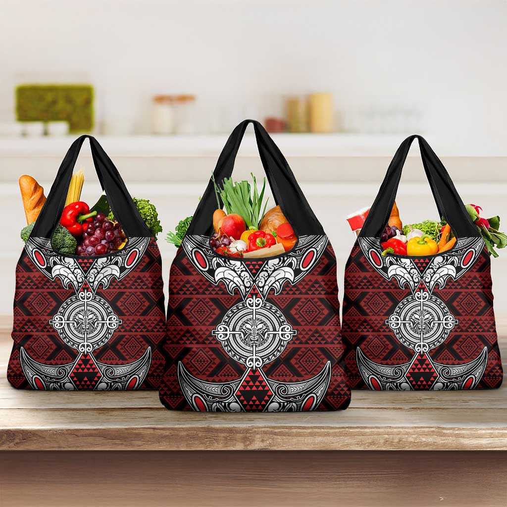 Red Aotearoa Taniko Motif Grocery Bag Vintage Maori New Zealand Tribal Art Pattern