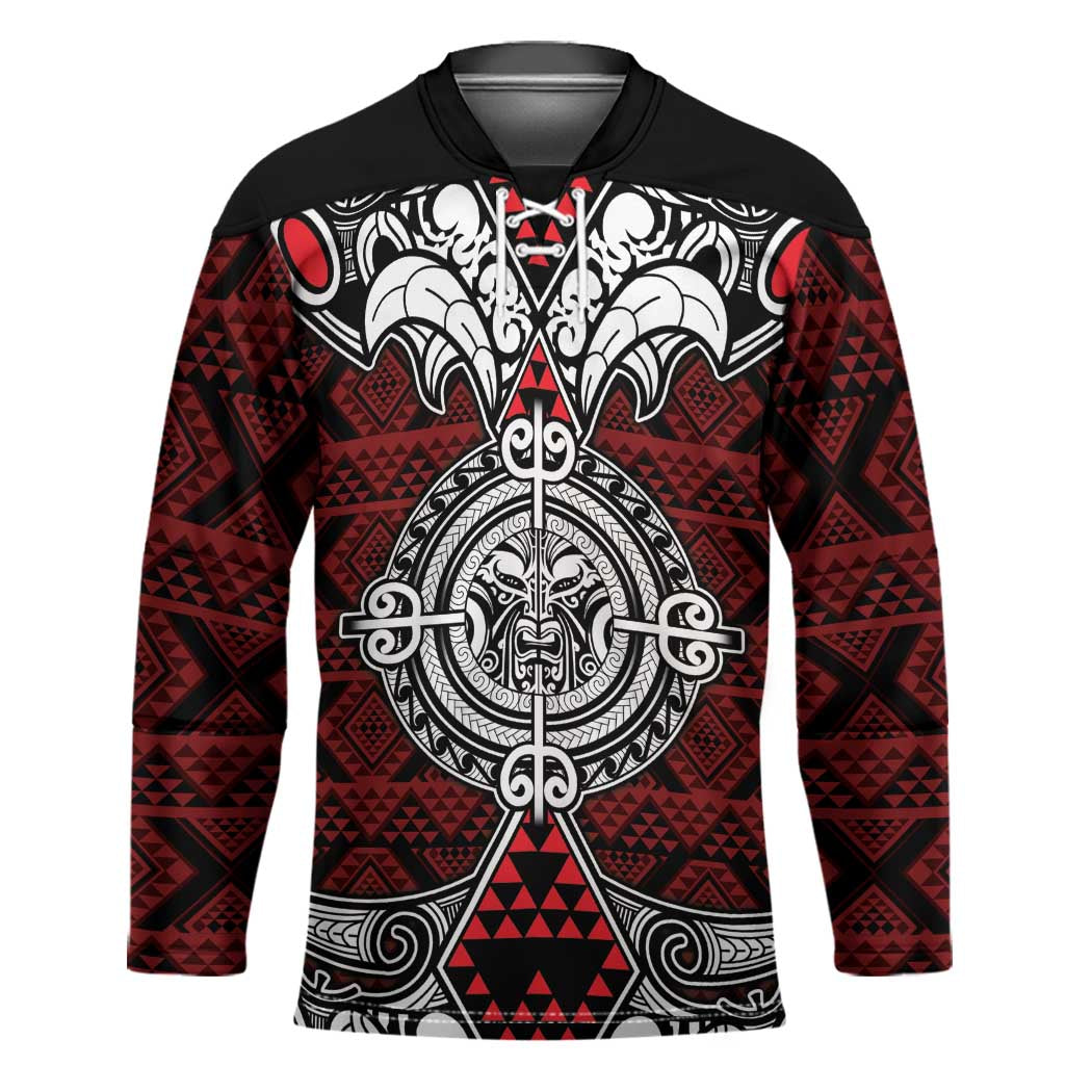 Red Aotearoa Taniko Motif Hockey Jersey Vintage Maori New Zealand Tribal Art Pattern - Polynesian Pride