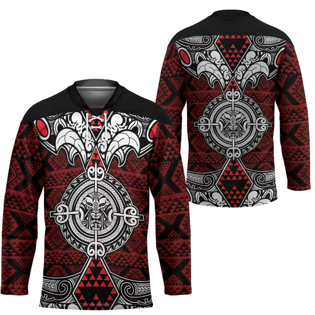 Red Aotearoa Taniko Motif Hockey Jersey Vintage Maori New Zealand Tribal Art Pattern - Polynesian Pride