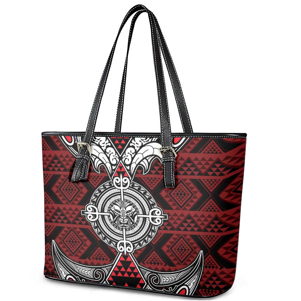 Red Aotearoa Taniko Motif Leather Tote Bag Vintage Maori New Zealand Tribal Art Pattern