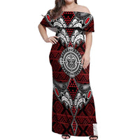 Red Aotearoa Tanilo Motif Off Shoulder Maxi Dress Vintage Maori New Zealand Tribal Art Pattern