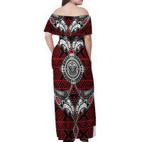 Red Aotearoa Tanilo Motif Off Shoulder Maxi Dress Vintage Maori New Zealand Tribal Art Pattern