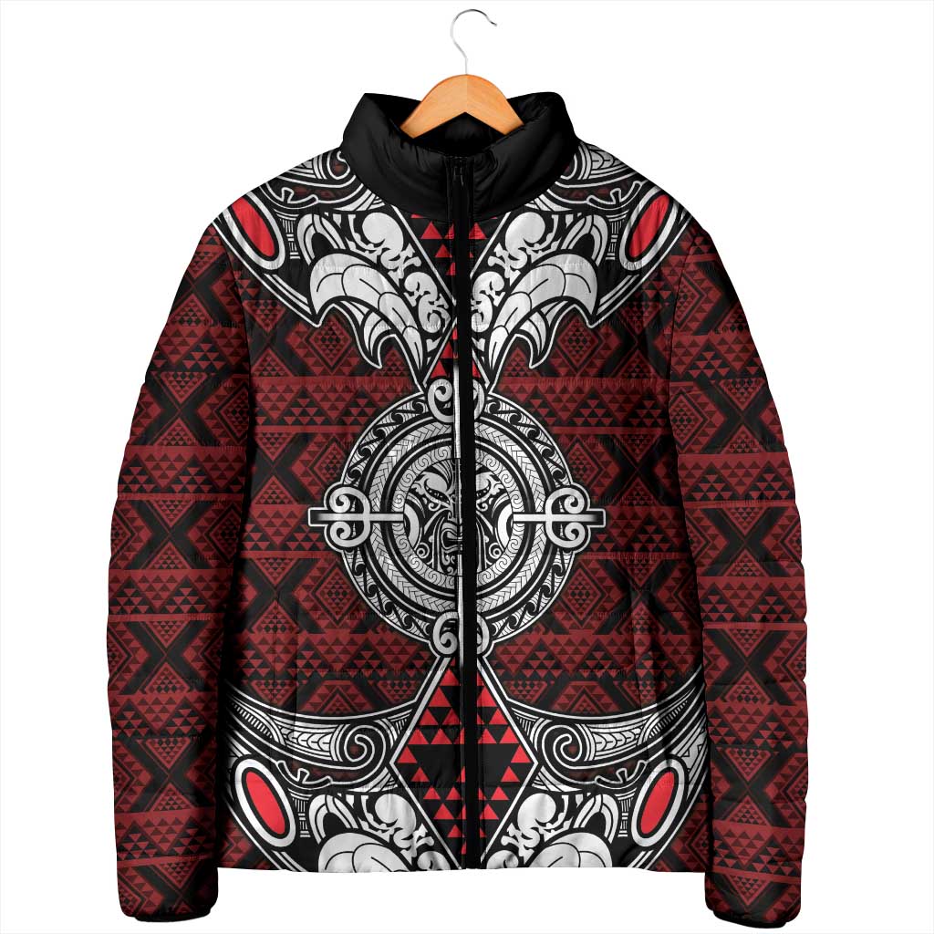 Red Aotearoa Taniko Motif Padded Jacket Vintage Maori New Zealand Tribal Art Pattern - Polynesian Pride