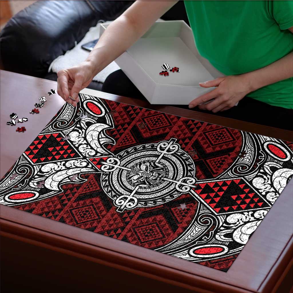 Red Aotearoa Taniko Motif Puzzle Vintage Maori New Zealand Tribal Art Pattern - Polynesian Pride