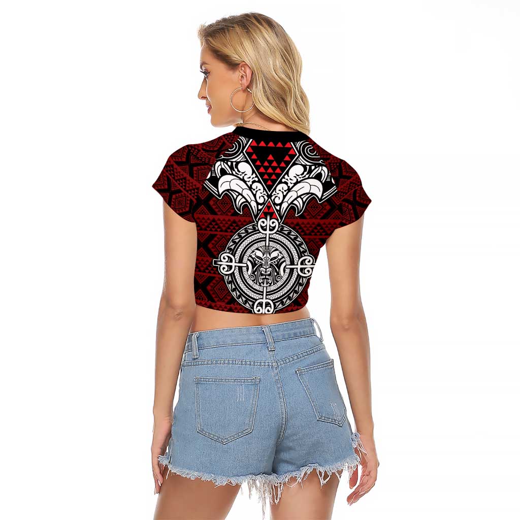 Red Aotearoa Tanilo Motif Raglan Cropped T Shirt Vintage Maori New Zealand Tribal Art Pattern