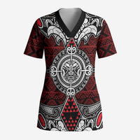 Red Aotearoa Taniko Motif Scrub Top Vintage Maori New Zealand Tribal Art Pattern - Polynesian Pride