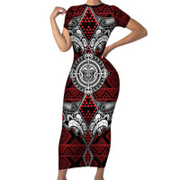 Red Aotearoa Tanilo Motif Short Sleeve Bodycon Dress Vintage Maori New Zealand Tribal Art Pattern LT9 Long Dress Red - Polynesian Pride