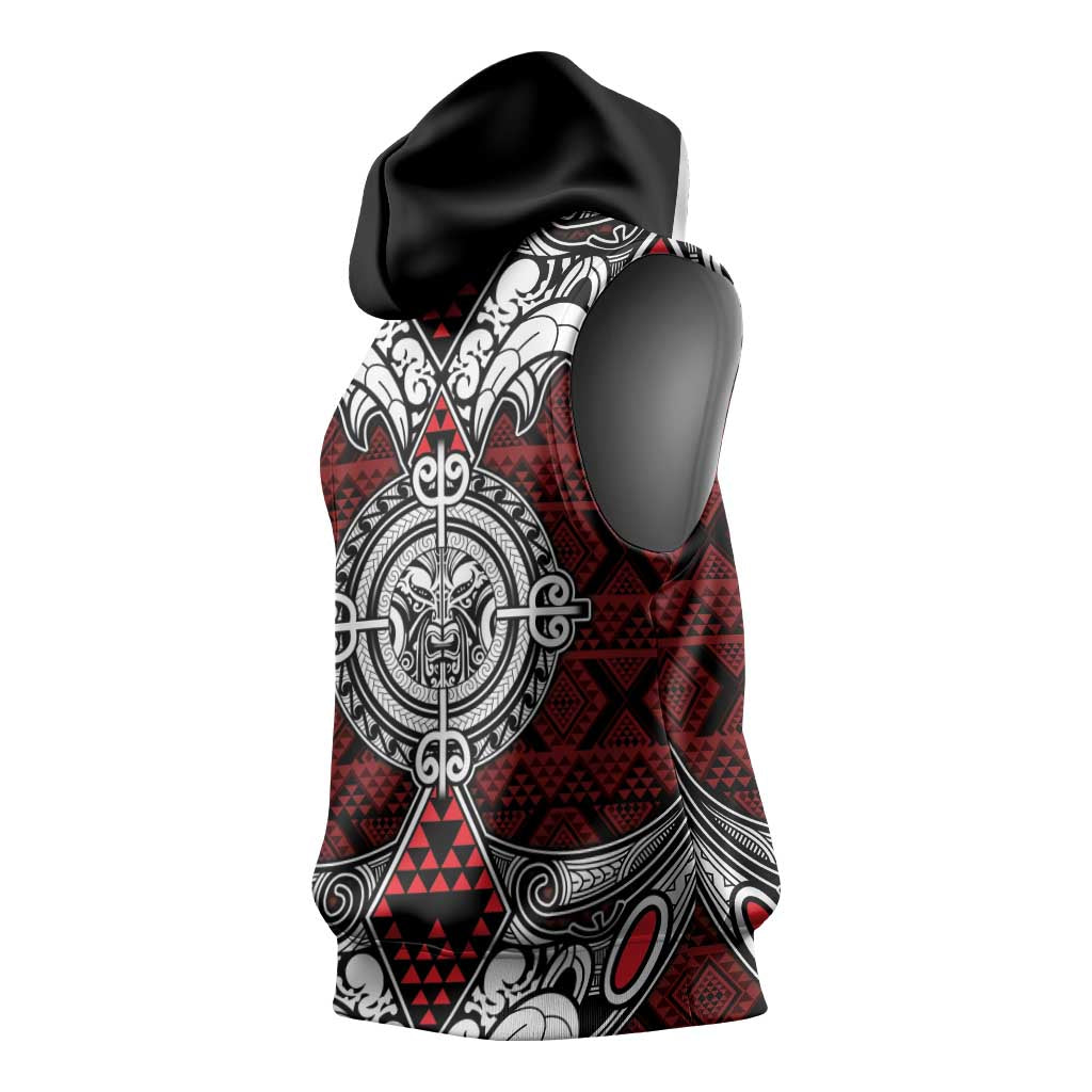 Red Aotearoa Taniko Motif Sleeveless Hoodie Vintage Maori New Zealand Tribal Art Pattern - Polynesian Pride