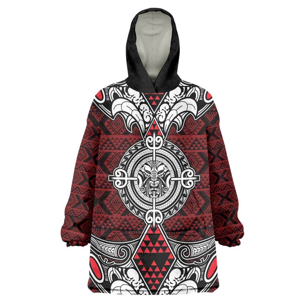 Red Aotearoa Tanilo Motif Wearable Blanket Hoodie Vintage Maori New Zealand Tribal Art Pattern LT9 One Size Red - Polynesian Pride