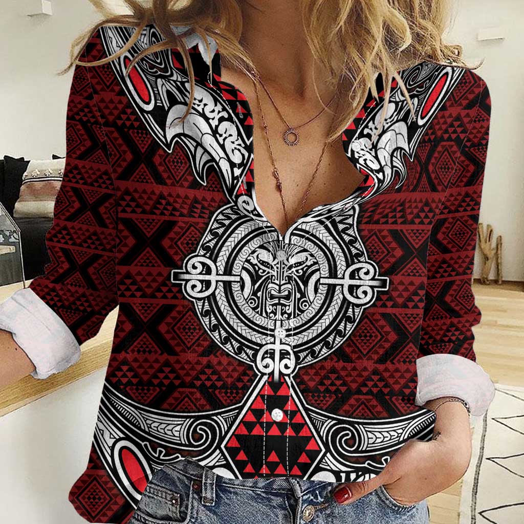 Red Aotearoa Tanilo Motif Women Casual Shirt Vintage Maori New Zealand Tribal Art Pattern LT9 Female Red - Polynesian Pride