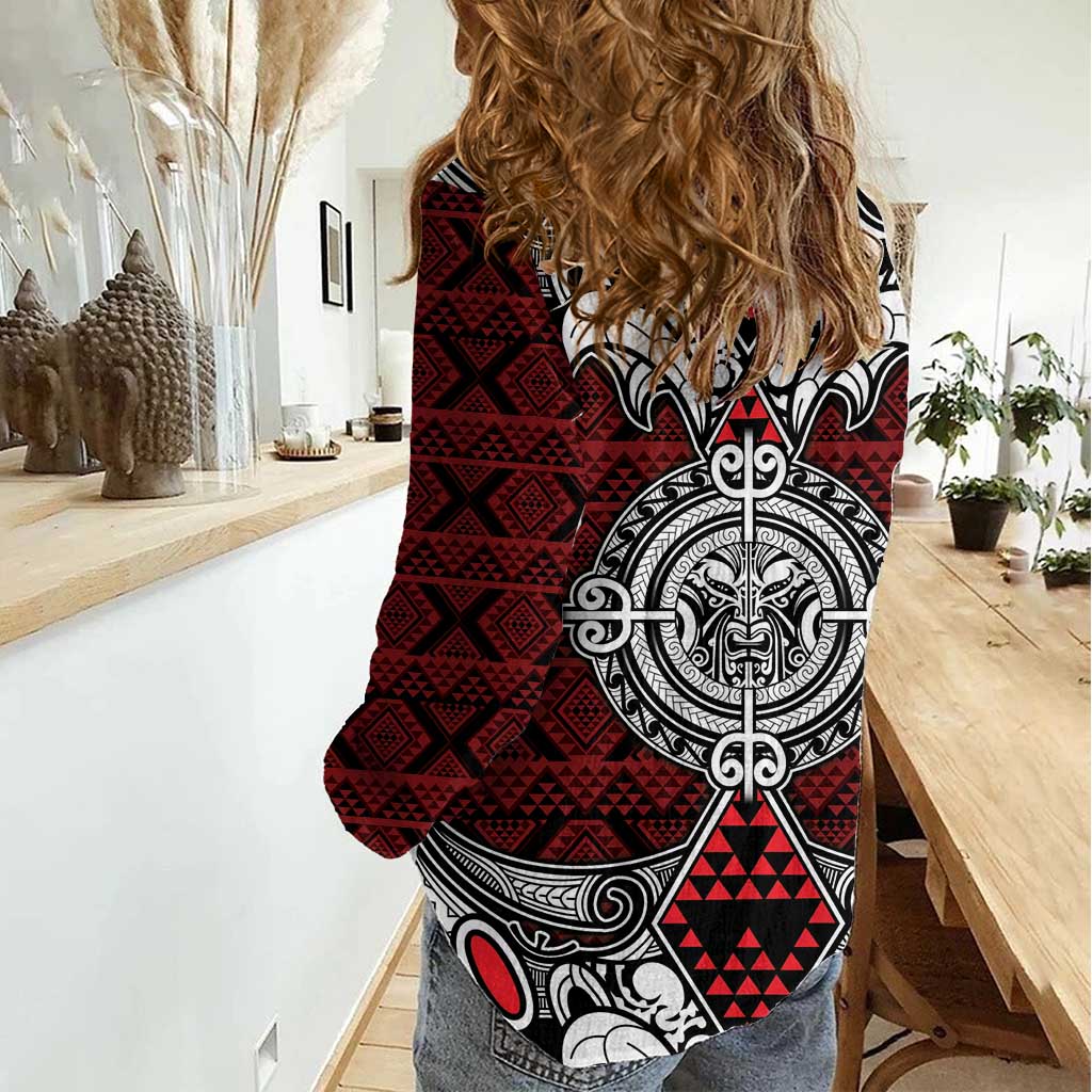 Red Aotearoa Tanilo Motif Women Casual Shirt Vintage Maori New Zealand Tribal Art Pattern LT9 - Polynesian Pride