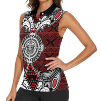Red Aotearoa Tanilo Motif Women Sleeveless Polo Shirt Vintage Maori New Zealand Tribal Art Pattern