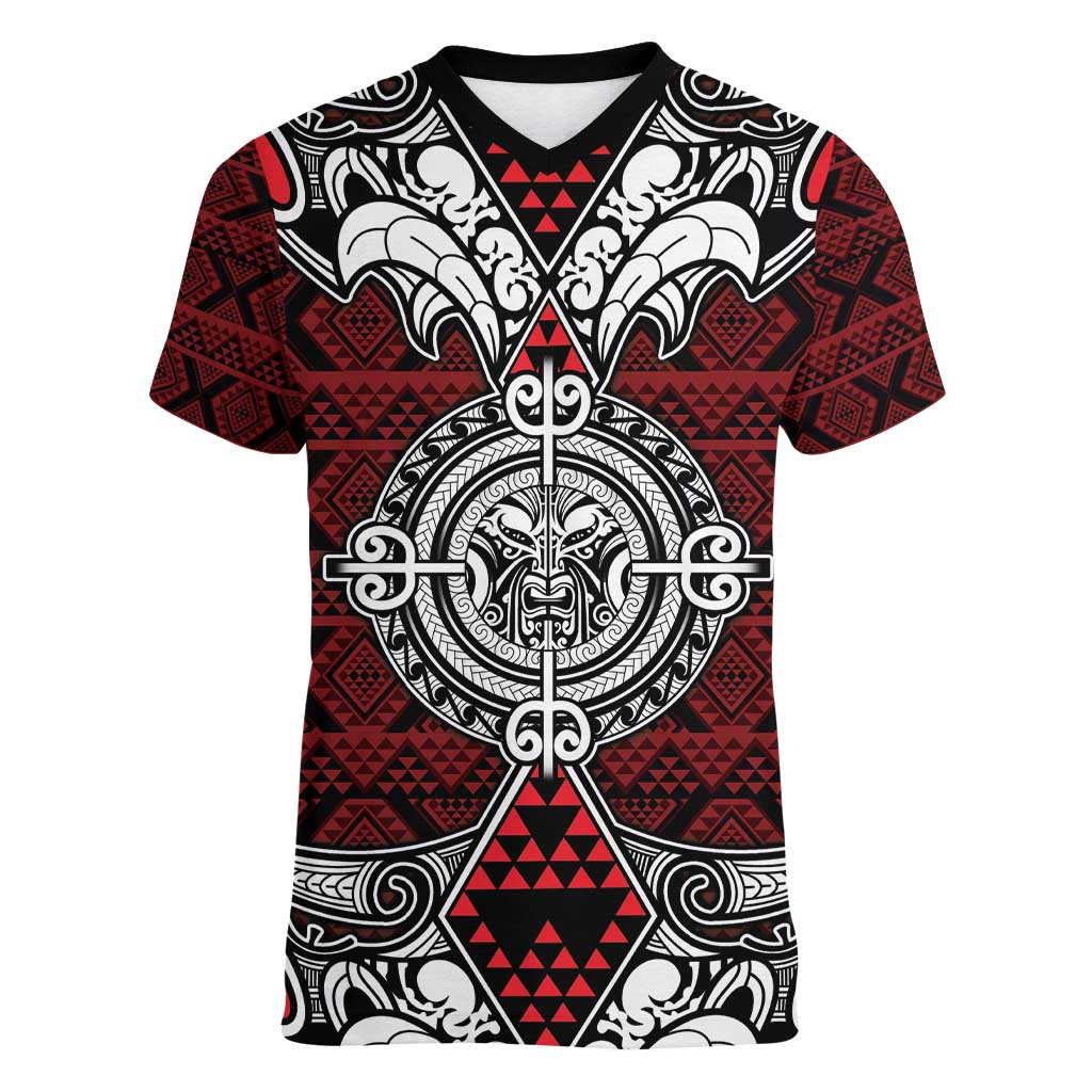 Red Aotearoa Tanilo Motif Women V-Neck T-Shirt Vintage Maori New Zealand Tribal Art Pattern