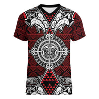 Red Aotearoa Tanilo Motif Women V-Neck T-Shirt Vintage Maori New Zealand Tribal Art Pattern